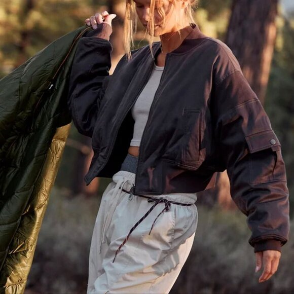 Free People Movement Asphalt Gray-Brown Fast Track Bomber Jacket XS - Picture 1 of 15